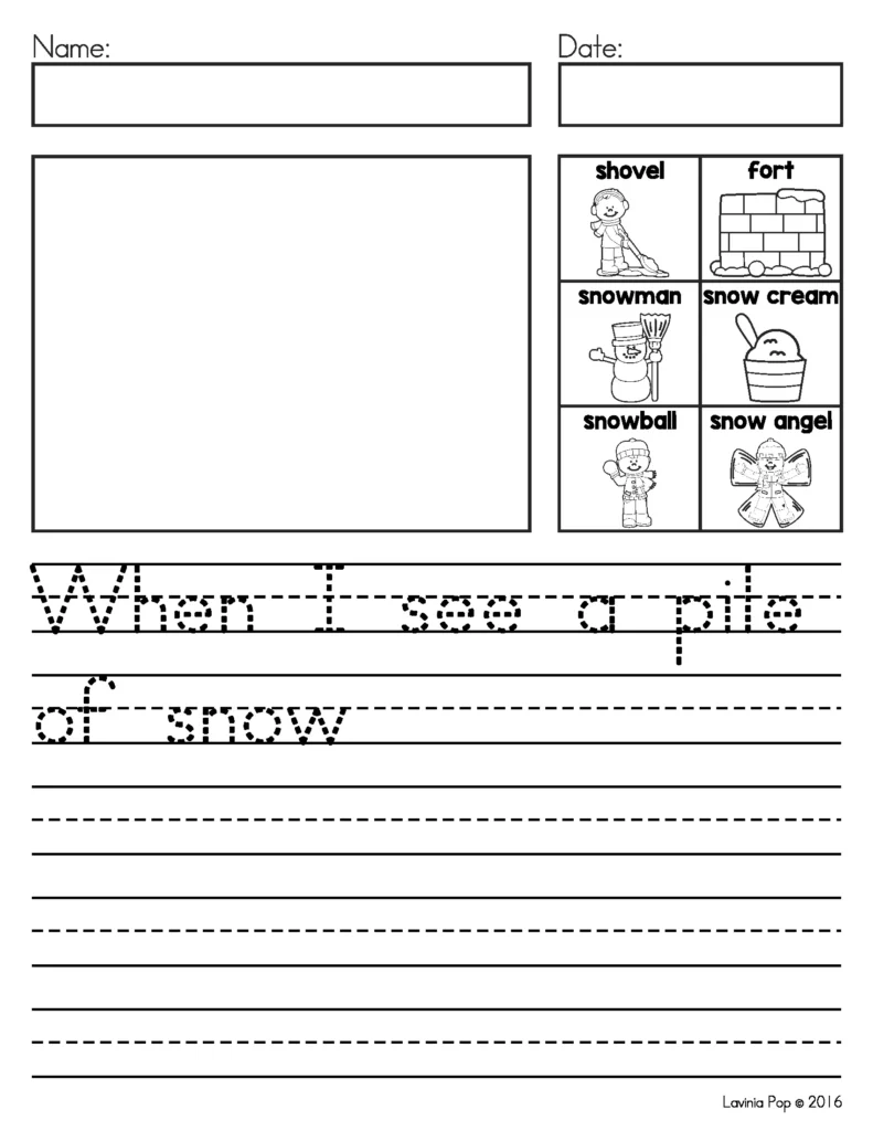 January Writing Journal Prompts sentence writing page with picture support and tracing lines using the prompt when I see a pile of snow