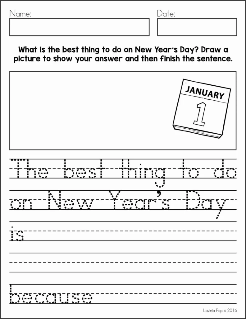 January Writing Journal Prompts New Year’s Day writing page with drawing space, sentence starter, and handwriting lines for kindergarten and first grade