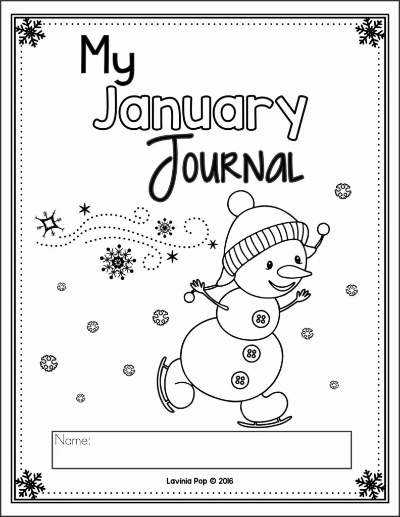 January Writing Journal Prompts cover page with winter snowman illustration for kindergarten writing journals
