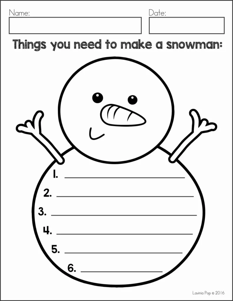 January Writing Journal Prompts list writing page asking students to write things needed to make a snowman