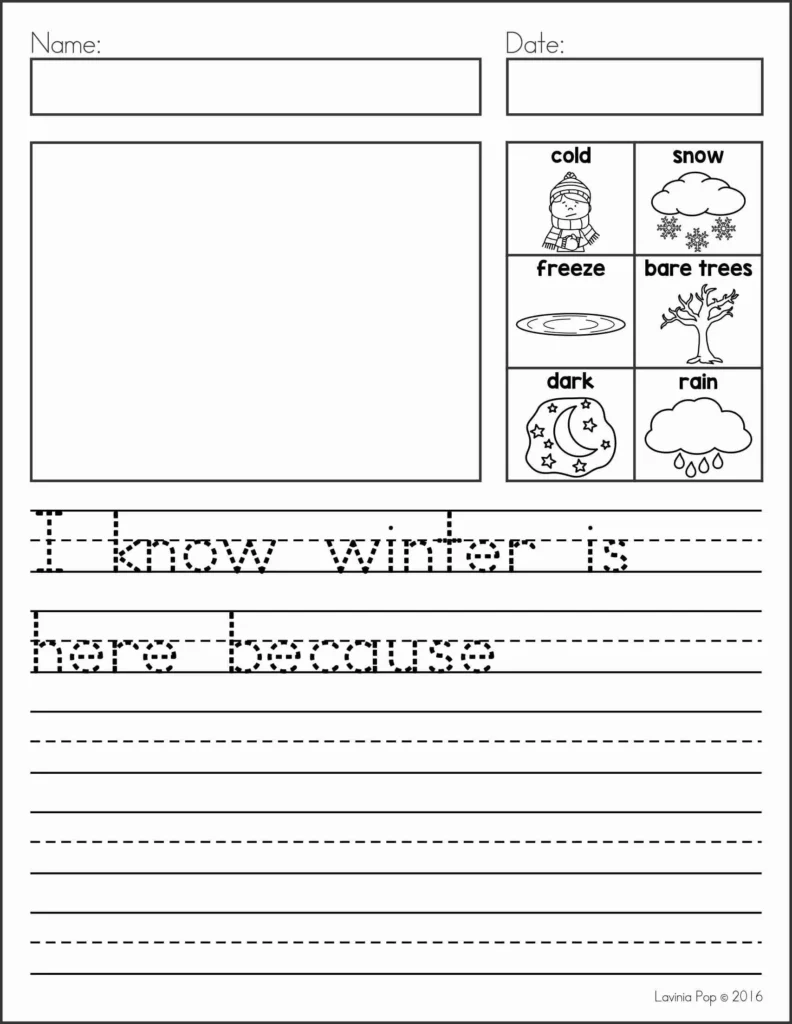 January Writing Journal Prompts winter sentence writing page with picture support and seasonal word bank