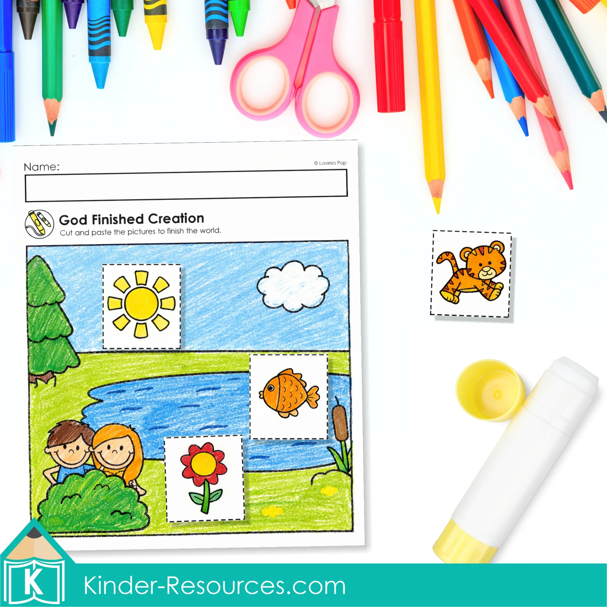 Creation Day 7 Preschool Bible Lesson God Finished Creation Craft Creation Day 7 Preschool Bible Lesson God Rested cut and paste craft with children finishing the world scene using sun, fish, animal, and flower pieces