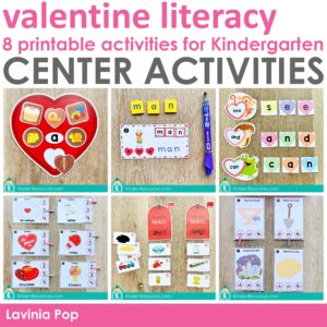 Valentine’s Day Literacy Centers for Kindergarten overview showing phonics word work and literacy center activities for February