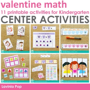 Valentine’s Day Math Centers for Kindergarten with number matching, ten frame addition and subtraction, patterns, shapes, counting, and hands on February math activities