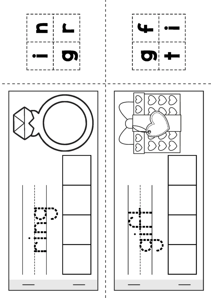 Valentine’s Day Kindergarten Worksheets and Activities CVC build a word writing page