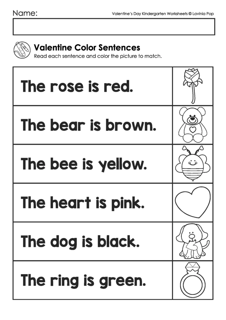 Valentine’s Day Kindergarten Worksheets and Activities color sentences reading activity