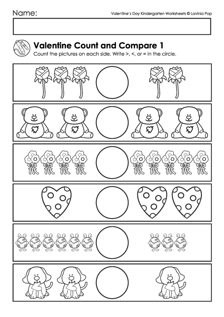 Valentine’s Day Kindergarten Worksheets and Activities count and compare math worksheet