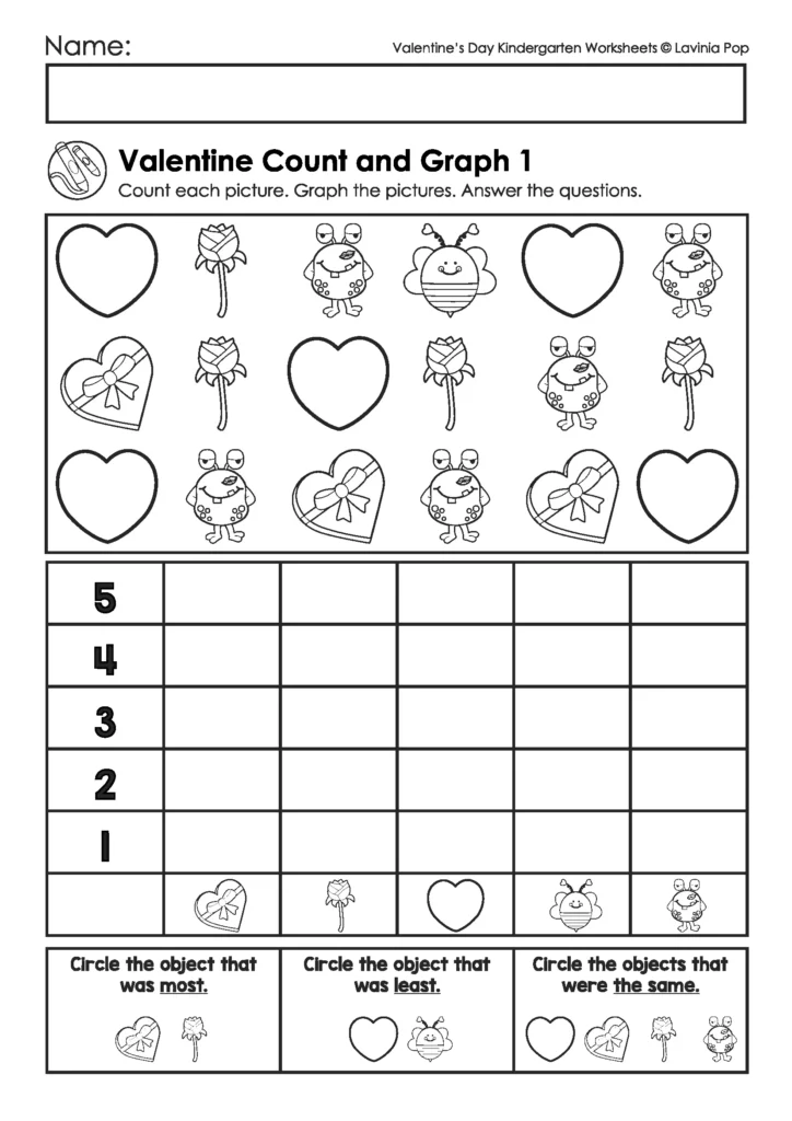 Valentine’s Day Kindergarten Worksheets and Activities count and graph math activity