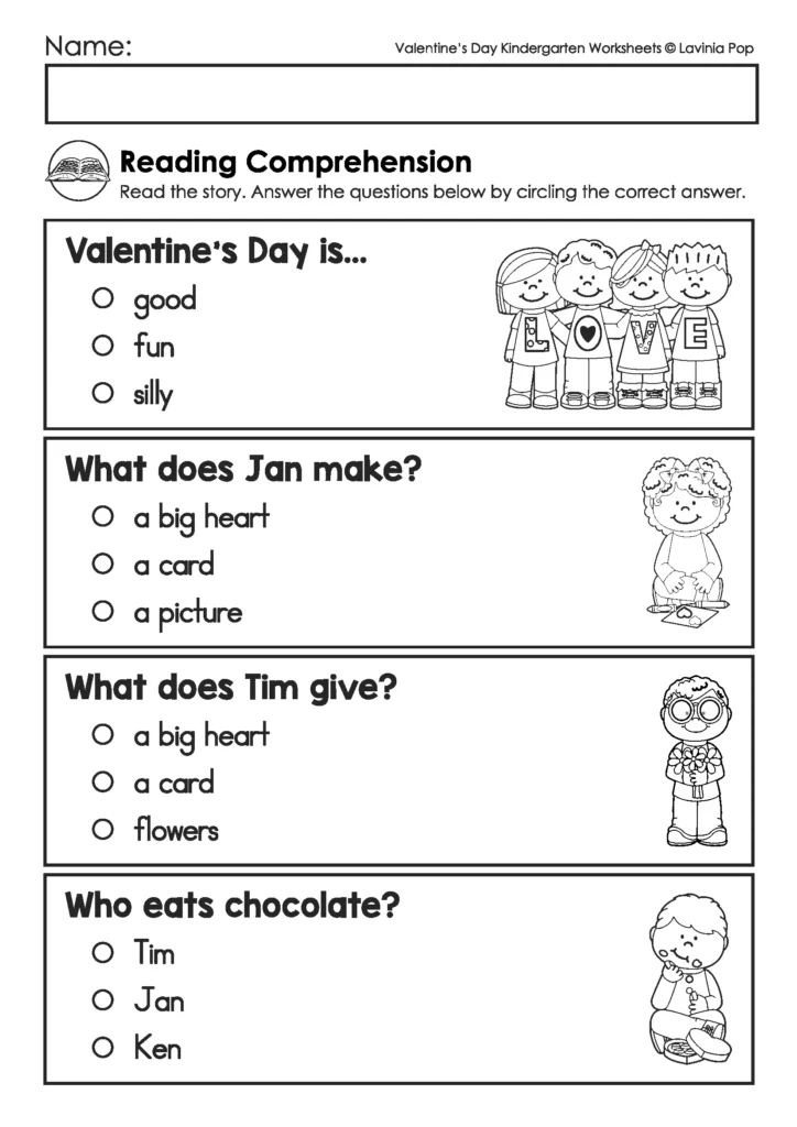 Valentine’s Day Kindergarten Worksheets and Activities reading comprehension page with multiple choice questions
