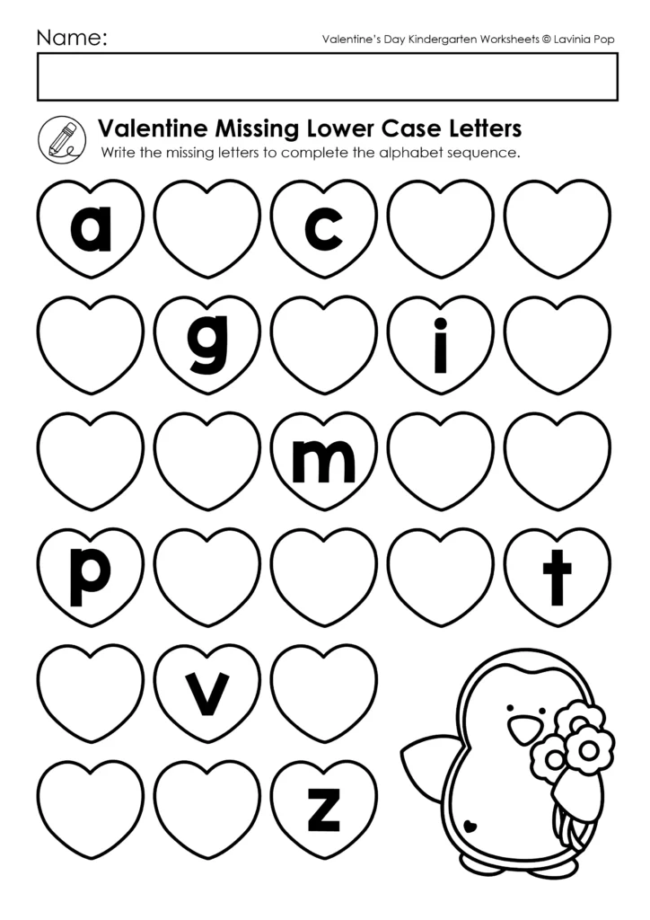 Valentine’s Day Kindergarten worksheets missing lowercase letters alphabet sequence activity
