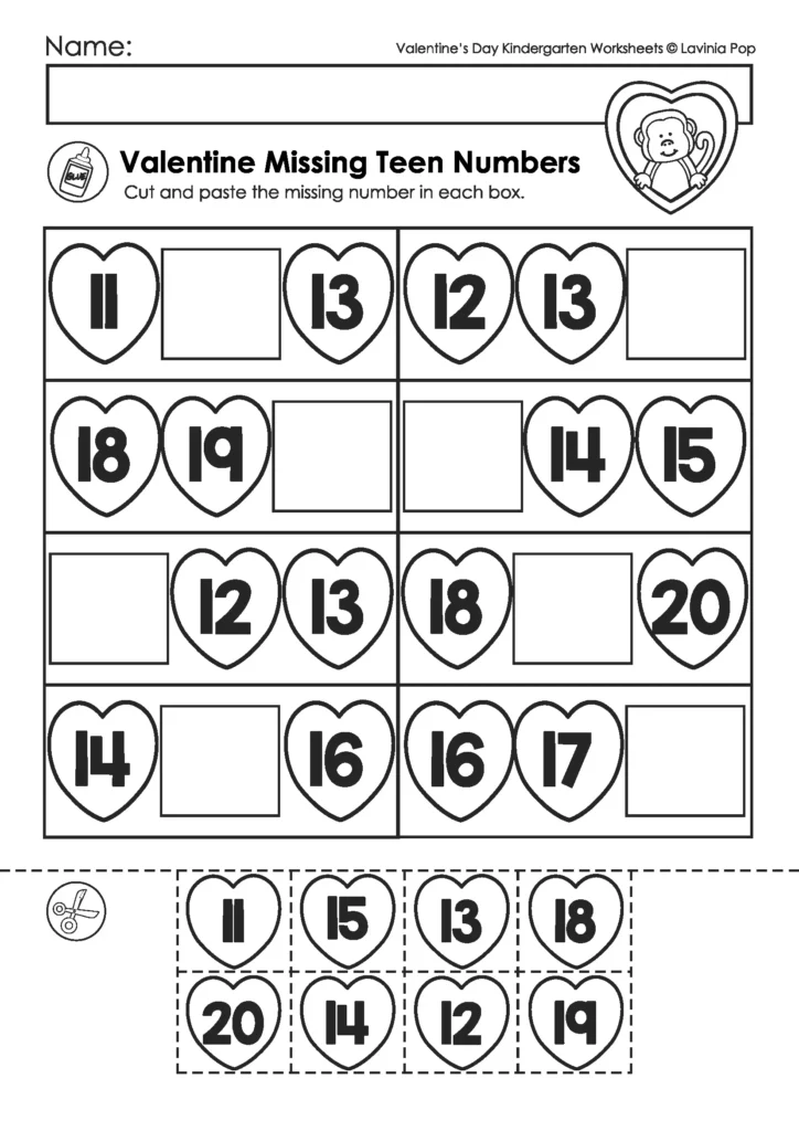 Valentine’s Day Kindergarten worksheets missing teen numbers cut and paste activity