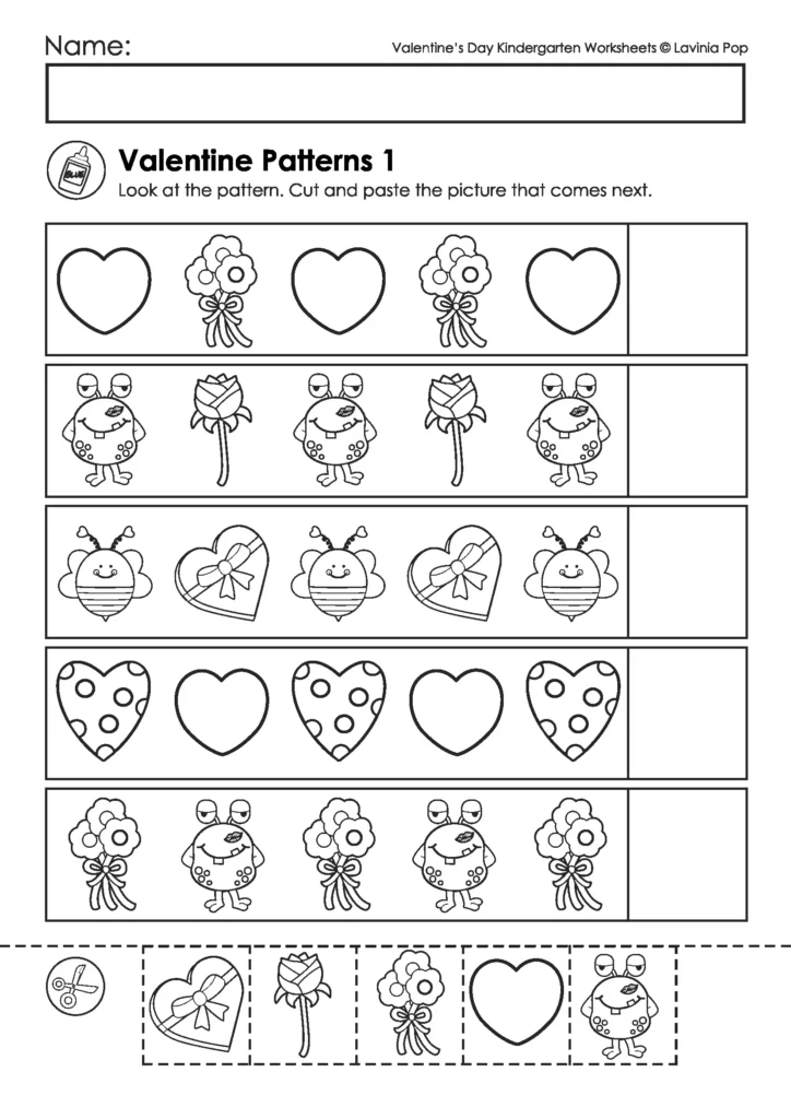 Valentine’s Day Kindergarten worksheets pattern activities using Valentine themed pictures