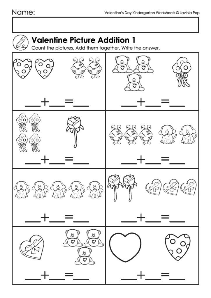 Valentine’s Day Kindergarten worksheets picture addition math activity