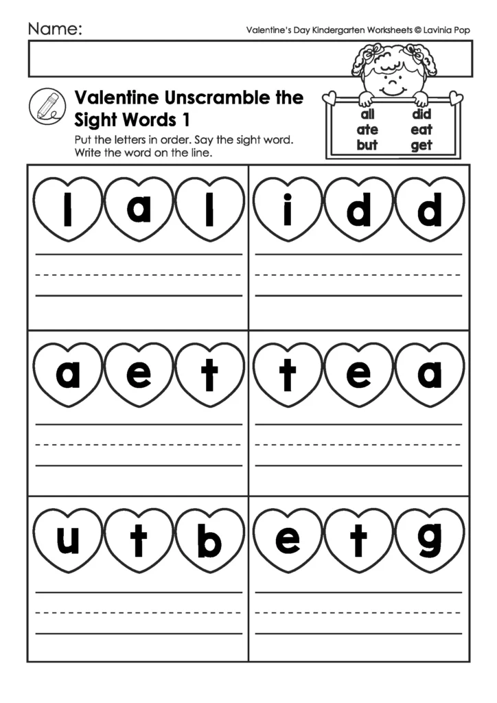 Valentine’s Day Kindergarten worksheets unscramble sight words activity