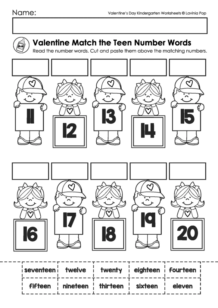 Valentine’s Day Kindergarten worksheets matching teen number words to numerals
