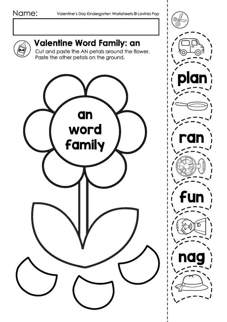 Valentine’s Day Kindergarten worksheets word family an cut and paste activity