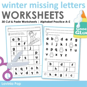 Winter Missing Letters Worksheets bundle with 30 cut and paste alphabet activities for preschool and kindergarten letter recognition