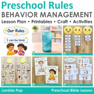 Preschool Bible Lesson Classroom Rules Management lesson plan with rules cards, whole body listening posters, calm bottle, behavior chart, and choice sorting activities for preschool and Sunday School