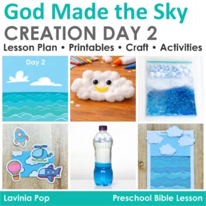 Preschool Bible Lesson God Made the Sky Creation Day 2 lesson plan printables craft and activities