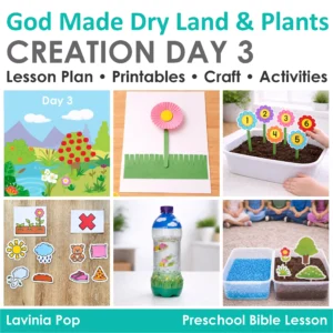 Preschool Bible Lesson Creation Day 3 cover with dry land, plants, craft, sensory bottle, and hands on activities