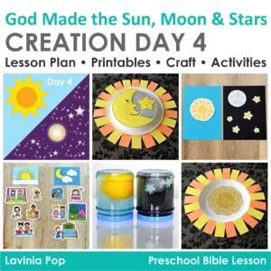 Preschool Bible Lesson God Made the Sun Moon and Stars Creation Day 4 activities including visuals crafts sensory bottles and sorting