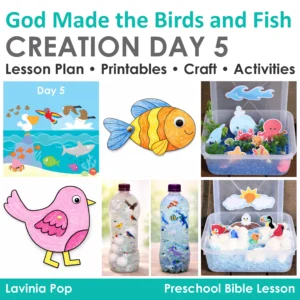 God Made the Birds and Fish Creation Day 5 preschool Bible lesson with craft sensory bottles and activities