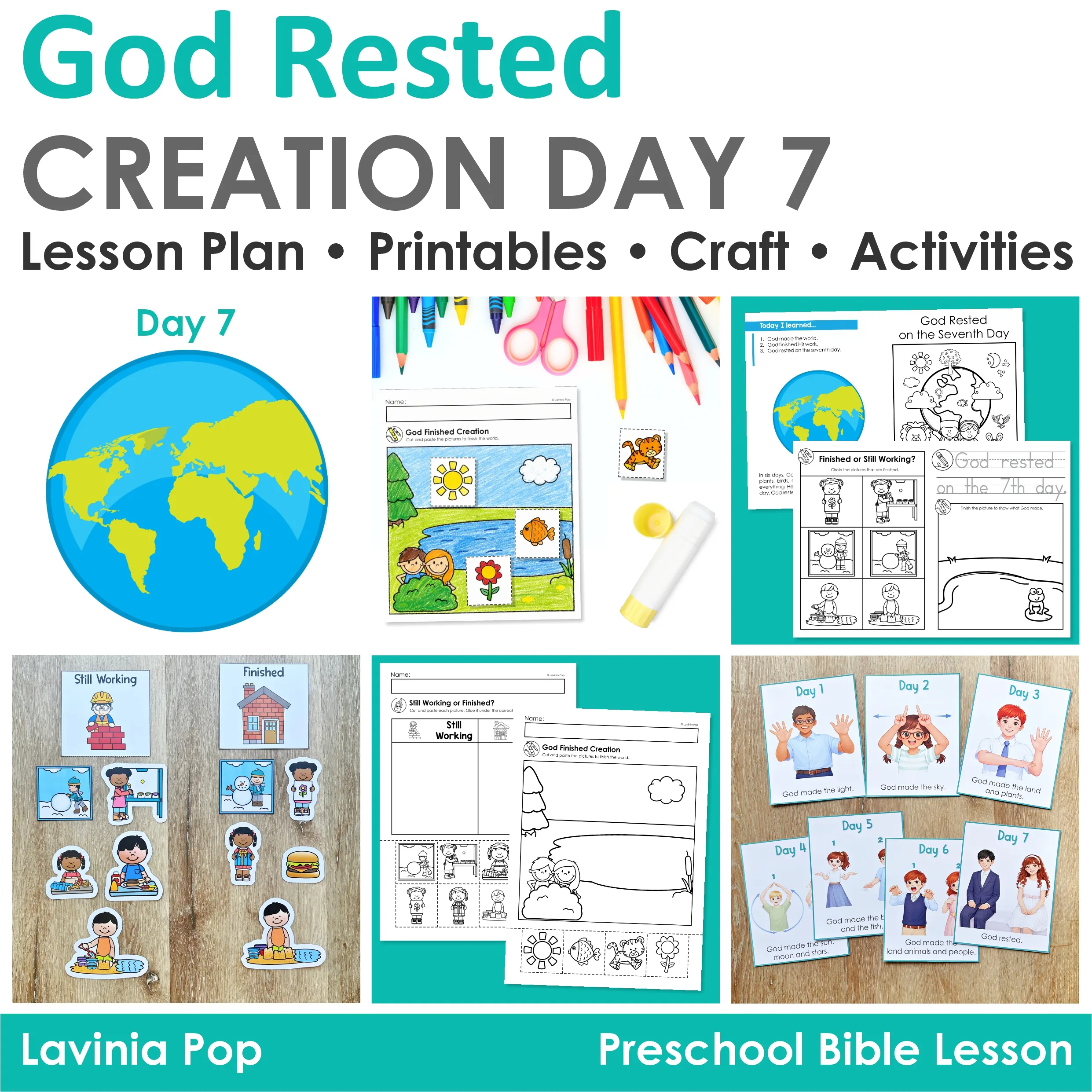 Creation Day 7 Preschool Bible Lesson God Rested Lesson Plan and Activities Creation Day 7 Preschool Bible Lesson God Rested lesson plan with printables, craft activities, sorting pages, and visual supports for preschool