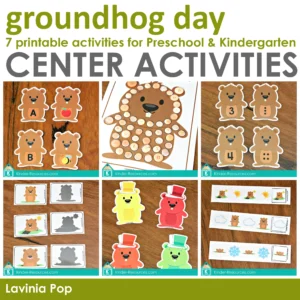 Groundhog Day Centers for Preschool with fine motor mat, beginning sounds matching, number matching, shape matching, shadow matching, and AB pattern activities