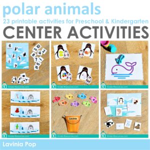 Polar Animals Centers for Preschool with hands on fine motor, literacy, and math activities including counting, letter matching, word building, play dough mats, and animal sorting centers