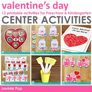 Valentine’s Day Centers for Preschool designed for morning tubs and learning centers with fine motor tasks, sight word sorting, visual discrimination, and early math activities
