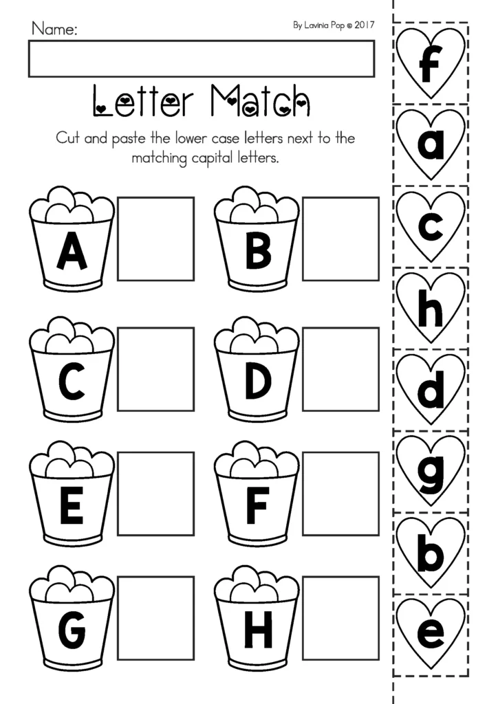 Printable Preschool Valentine’s Day worksheets upper and lower case letter matching cut and paste activity