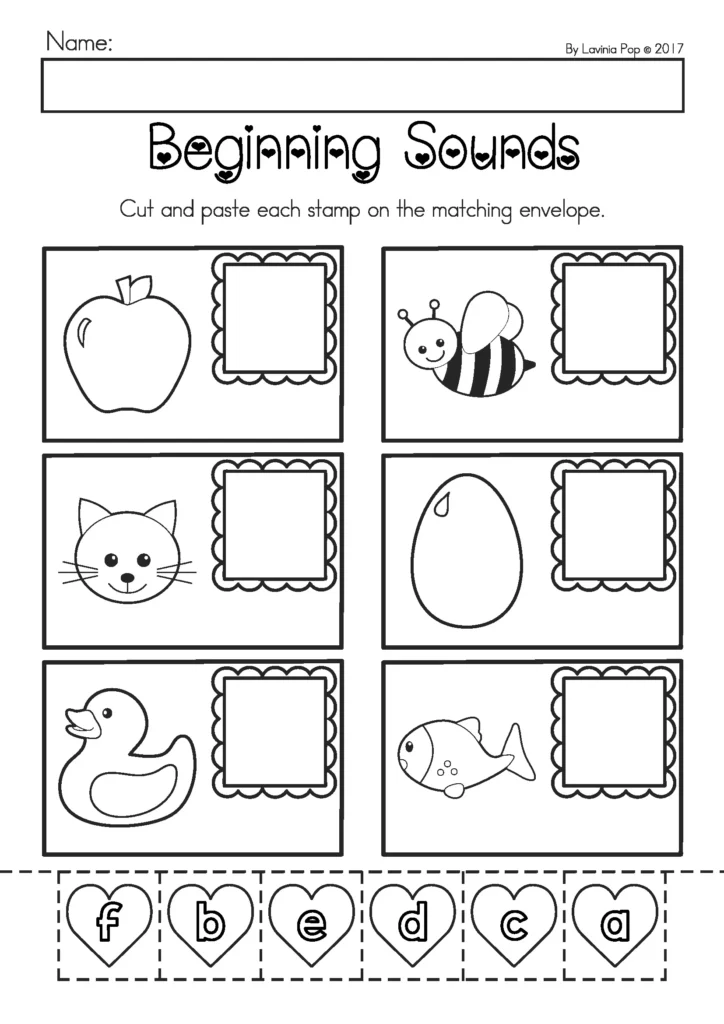 Printable Preschool Valentine’s Day worksheets beginning sounds cut and paste activity for letter sound recognition