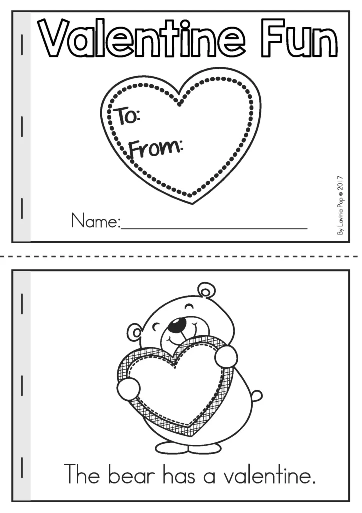 Printable Preschool Valentine’s Day worksheets emergent reader booklet with simple Valentine sentences for early readers