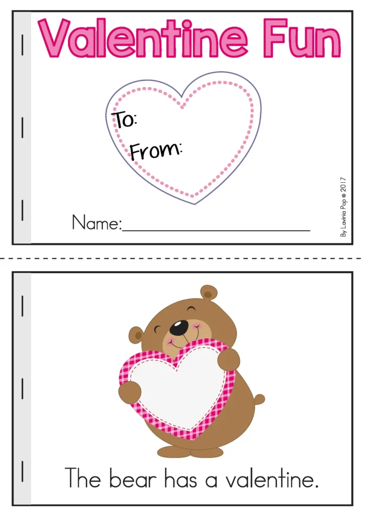 Printable Preschool Valentine’s Day worksheets emergent reader booklet with simple Valentine sentences for early readers