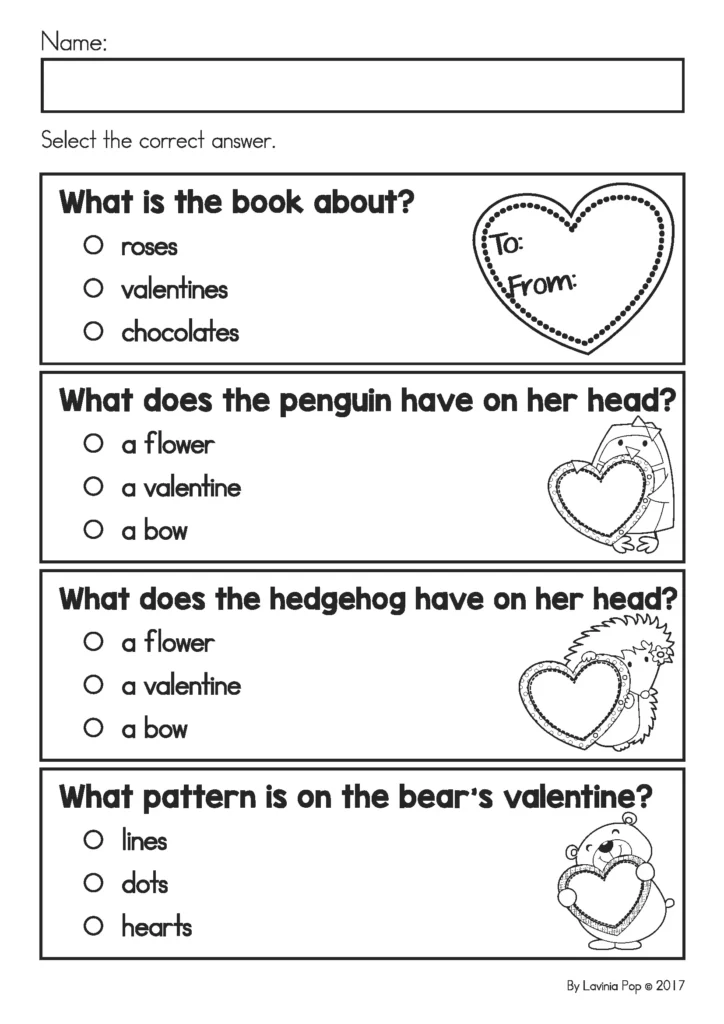 Printable Preschool Valentine’s Day worksheets comprehension questions for emergent reader with picture supported answers