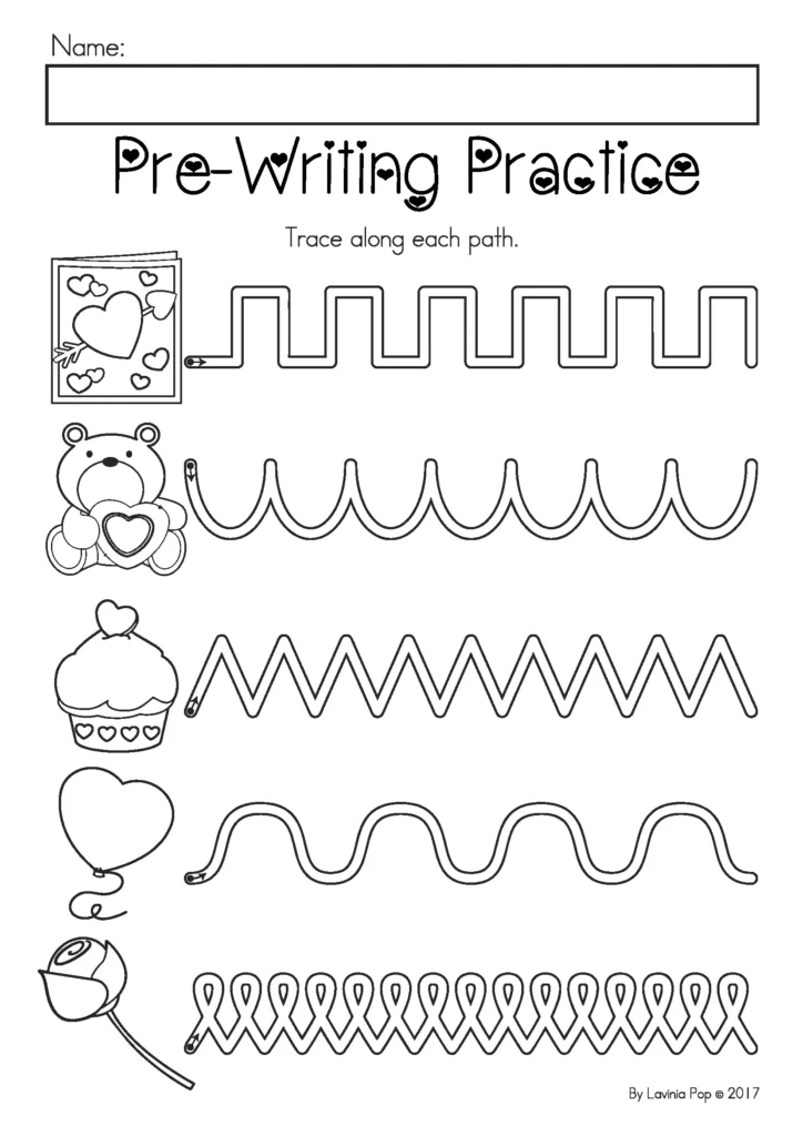 Printable Preschool Valentine’s Day worksheets pre writing tracing paths for fine motor development