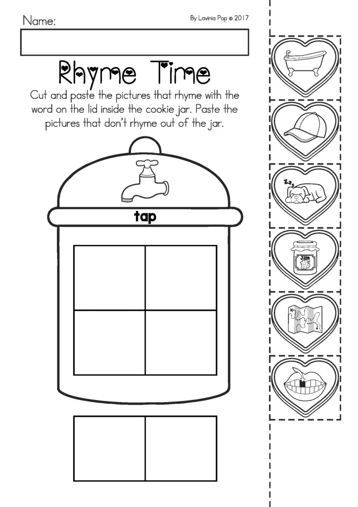 Printable Preschool Valentine’s Day worksheets rhyming cut and paste activity for phonological awareness