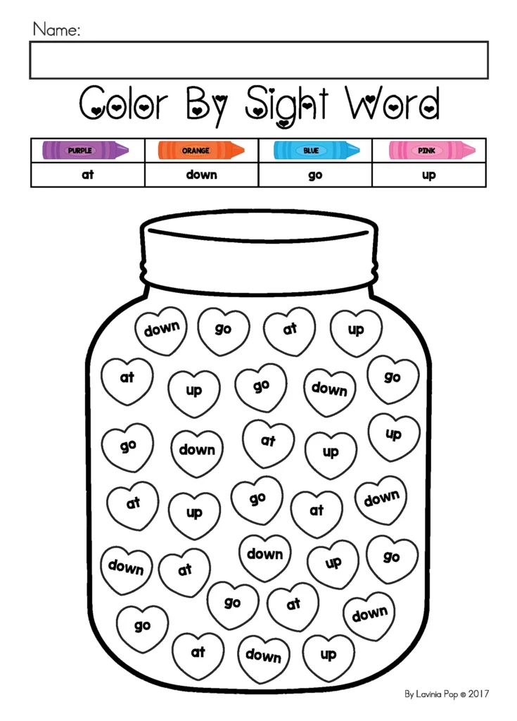 Printable Preschool Valentine’s Day worksheets color by sight word activity using simple high frequency words