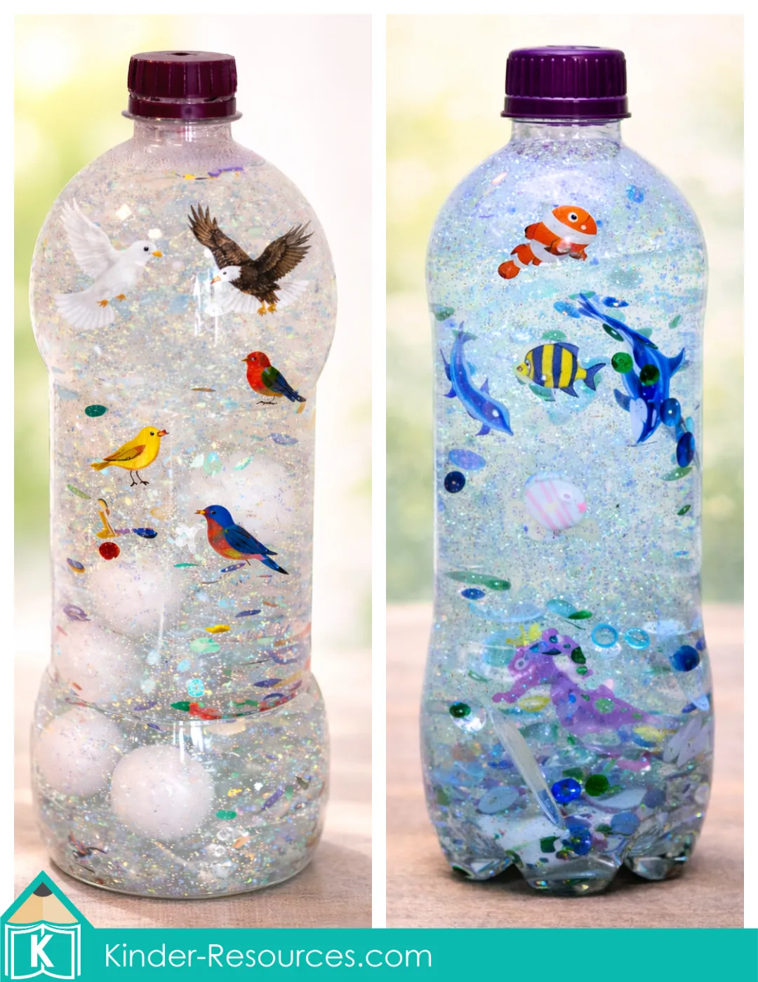 God Made the Birds and Fish Creation Day 5 sky tub sorting activity with birds and clouds for preschool Bible lesson God Made the Birds and Fish Creation Day 5 Sensory Bottles
