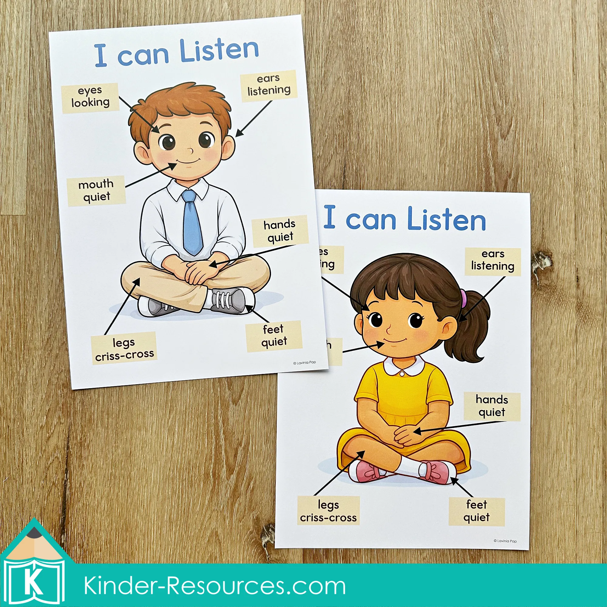Preschool Bible Lesson Classroom Rules Management whole body listening posters with labeled eyes looking, ears listening, mouth quiet, hands quiet, legs criss cross, and feet quiet for preschool children