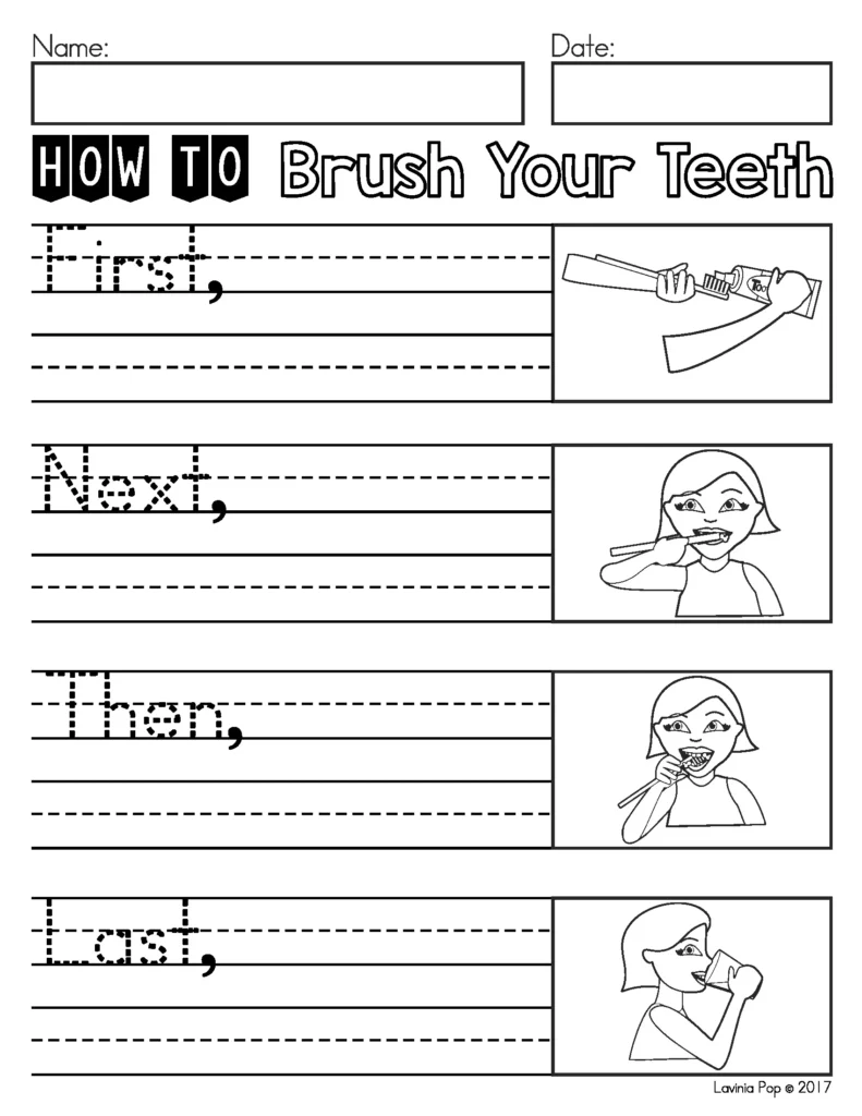 February Writing Prompts First Grade procedural writing page about brushing teeth with step by step picture support