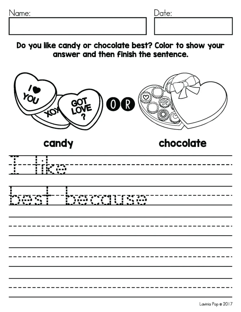 February Writing Prompts First Grade opinion writing page choosing candy or chocolate with sentence writing lines