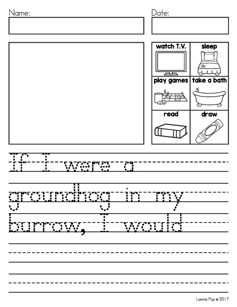 February Writing Prompts First Grade picture supported writing page imagining life as a groundhog in a burrow