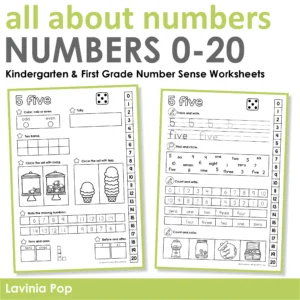 All About Numbers 0–20 Worksheets cover for kindergarten and first grade with number sense worksheets preview pages
