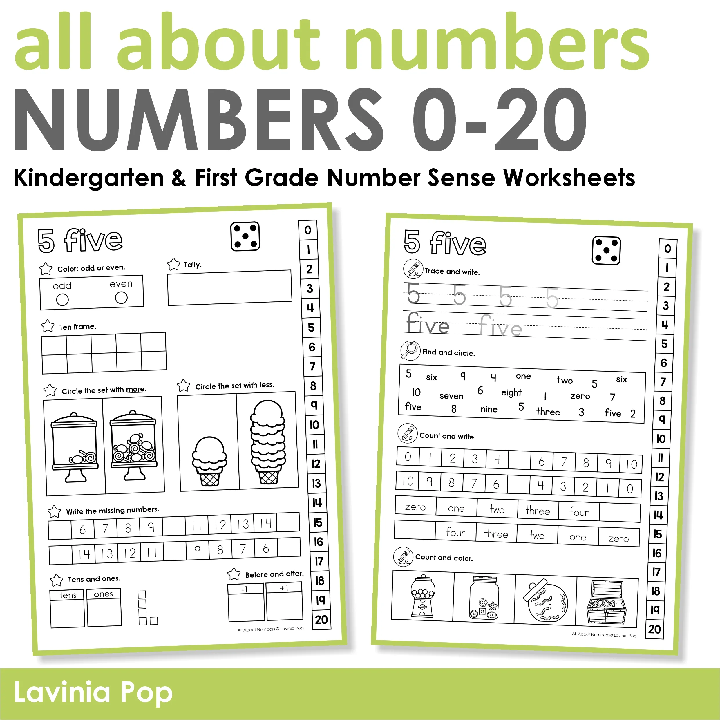 All About Numbers 0β20 Worksheets Kindergarten First Grade Number Sense All About Numbers 0β20 Worksheets cover for kindergarten and first grade with number sense worksheets preview pages