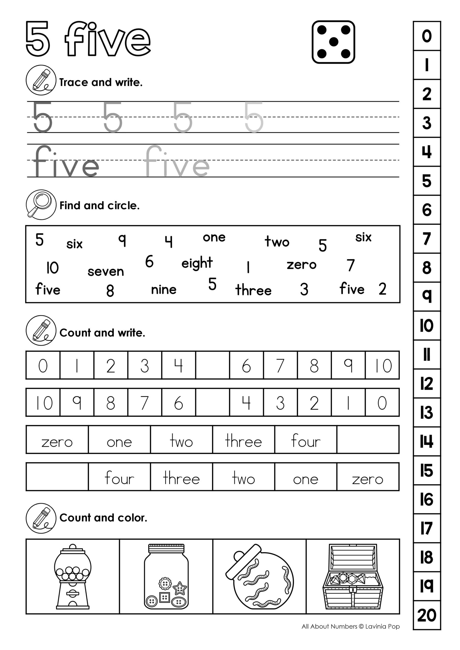 All About Numbers 0β20 Worksheets Number 5 Kindergarten Math Page All About Numbers 0β20 Worksheets Number 5 Kindergarten Math Page