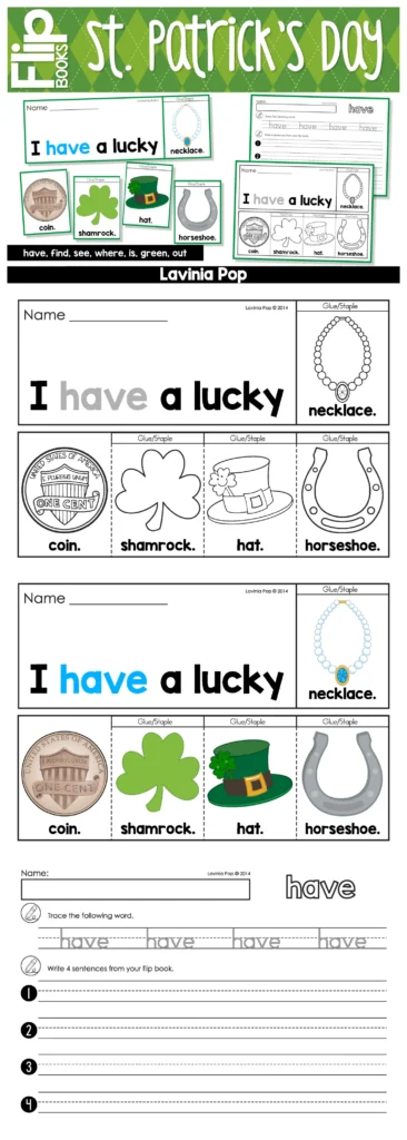 St. Patrick’s Day Sight Word Fluency Flip Books printable set with flip book sentence strips, picture cards, and recording sheets for kindergarten March literacy centers
