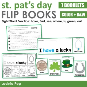 St. Patrick’s Day Sight Word Fluency Flip Books cover preview with 7 booklets, color and black and white options, and sight words have, find, see, where, is, green, out