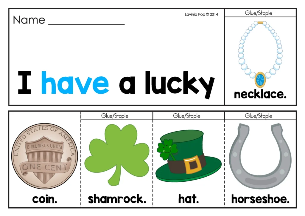 St. Patrick’s Day Sight Word Fluency Flip Books color flip book with sentence I have a lucky necklace and picture cards coin, shamrock, hat, and horseshoe