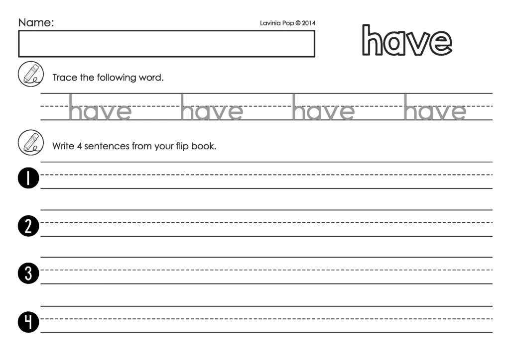 St. Patrick’s Day Sight Word Fluency Flip Books recording page for the sight word have with tracing practice and space to write four sentences
